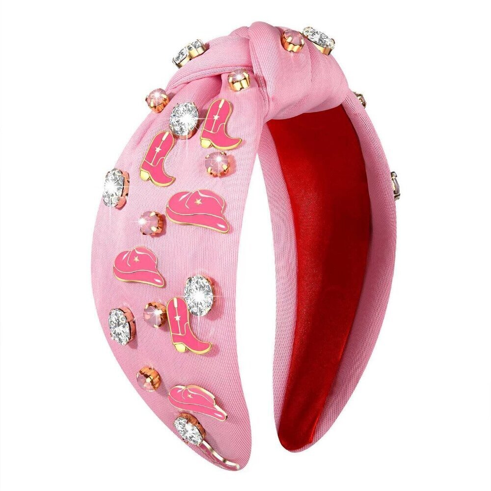 Western Rhinestone Knotted Headband Cowgirl Hair Accessory Pink Cotton
